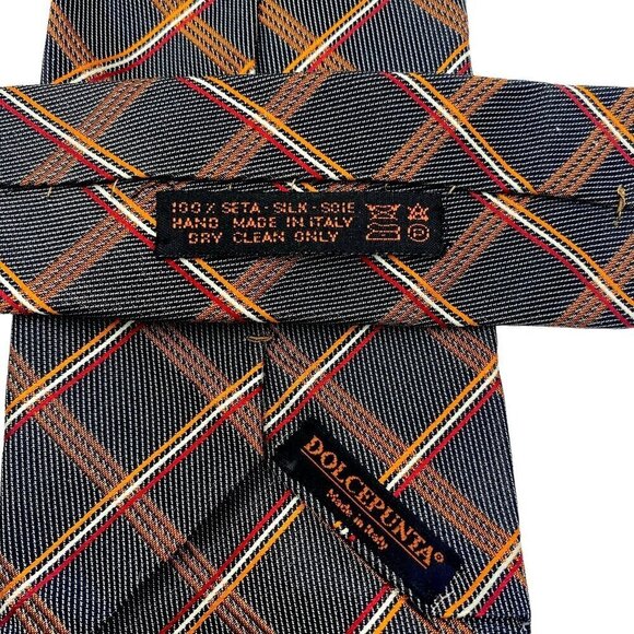 DOLCEPUNTA Mens Silk XL Necktie ITALY Luxury Necktie Brown Check Plaid - Picture 3 of 7